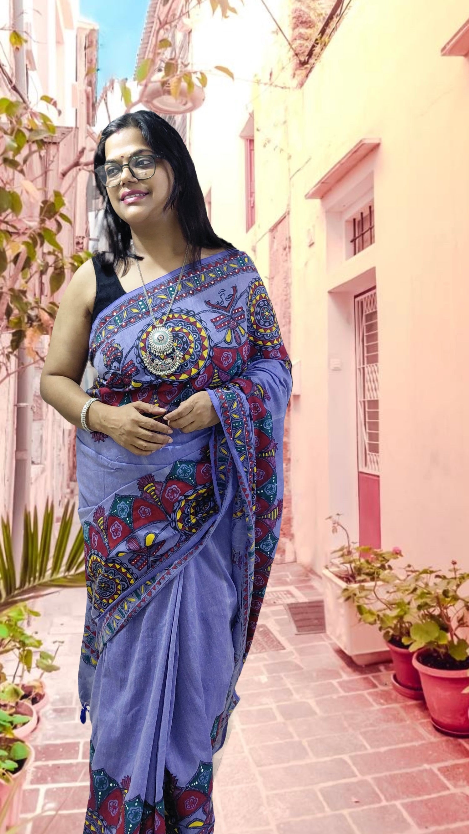 Lavender Khadi Cotton Madhubani hand-painted mandala saree