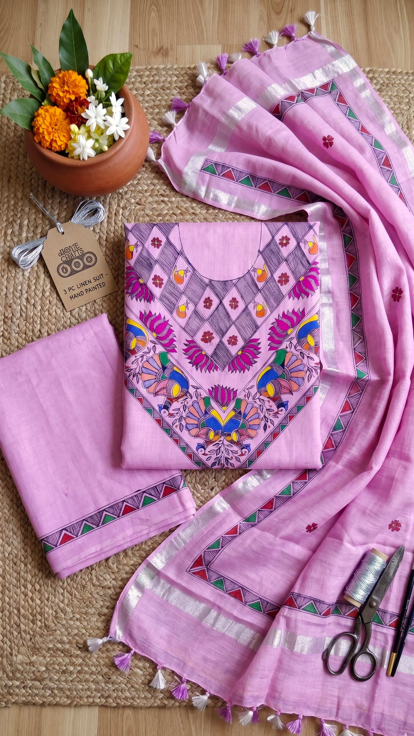 Pastel purple ethnic suit set with peacock inspired Madhubani art