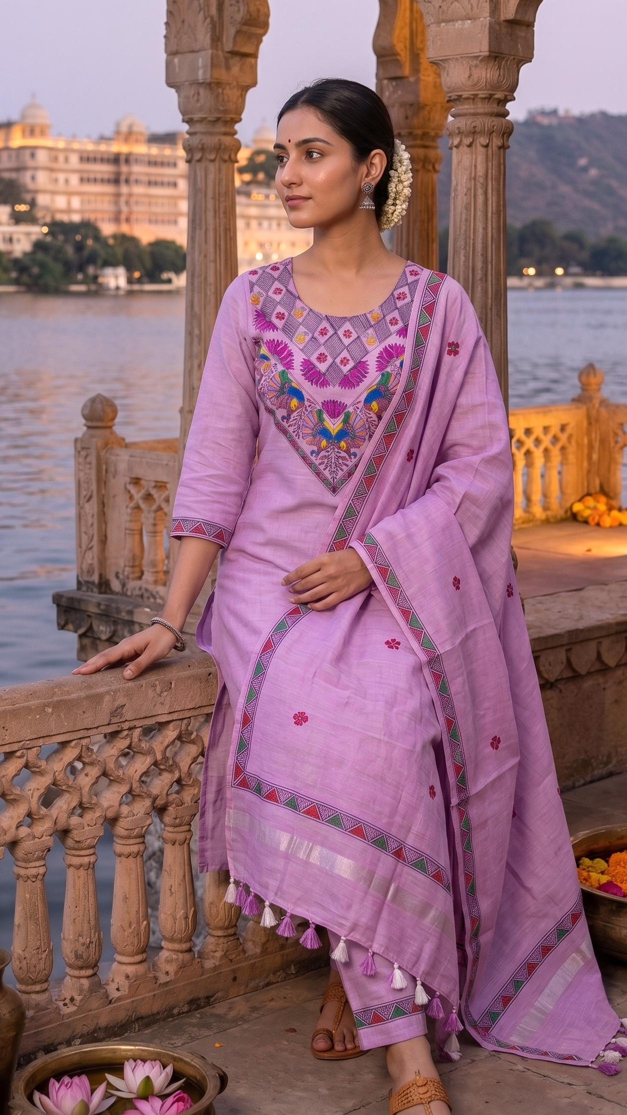 Lavender Cotton Slub Madhubani hand painted 3 piece suit set