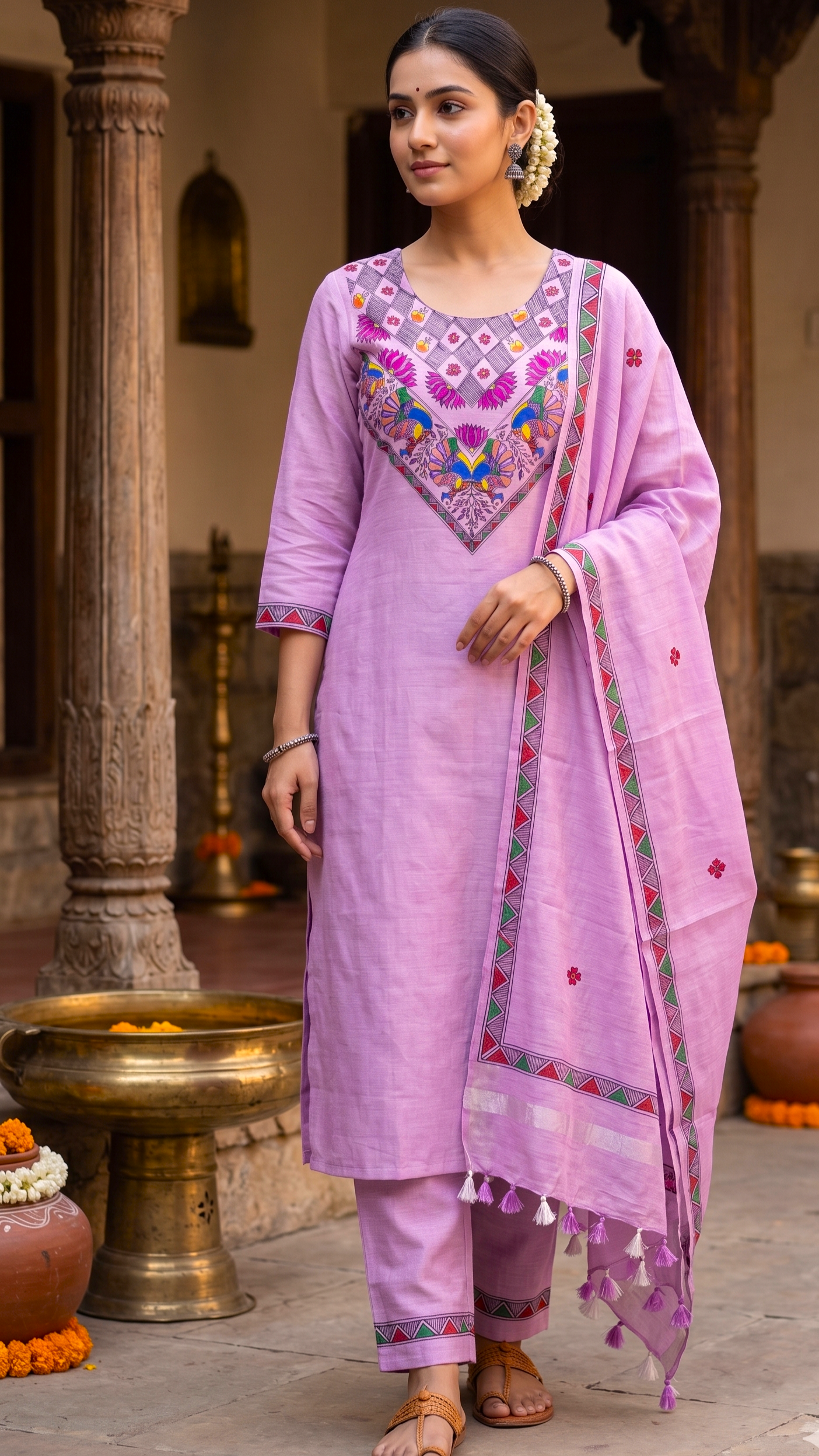 Festive Indian ethnic wear with hand painted Madhubani detailing