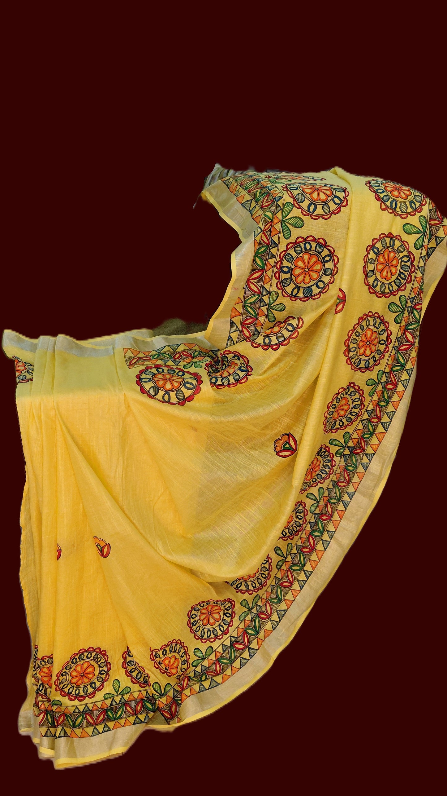 Lemon Yellow Linen Cotton Saree with Blouse - Floral Motifs Hand Painted Madhubani Art