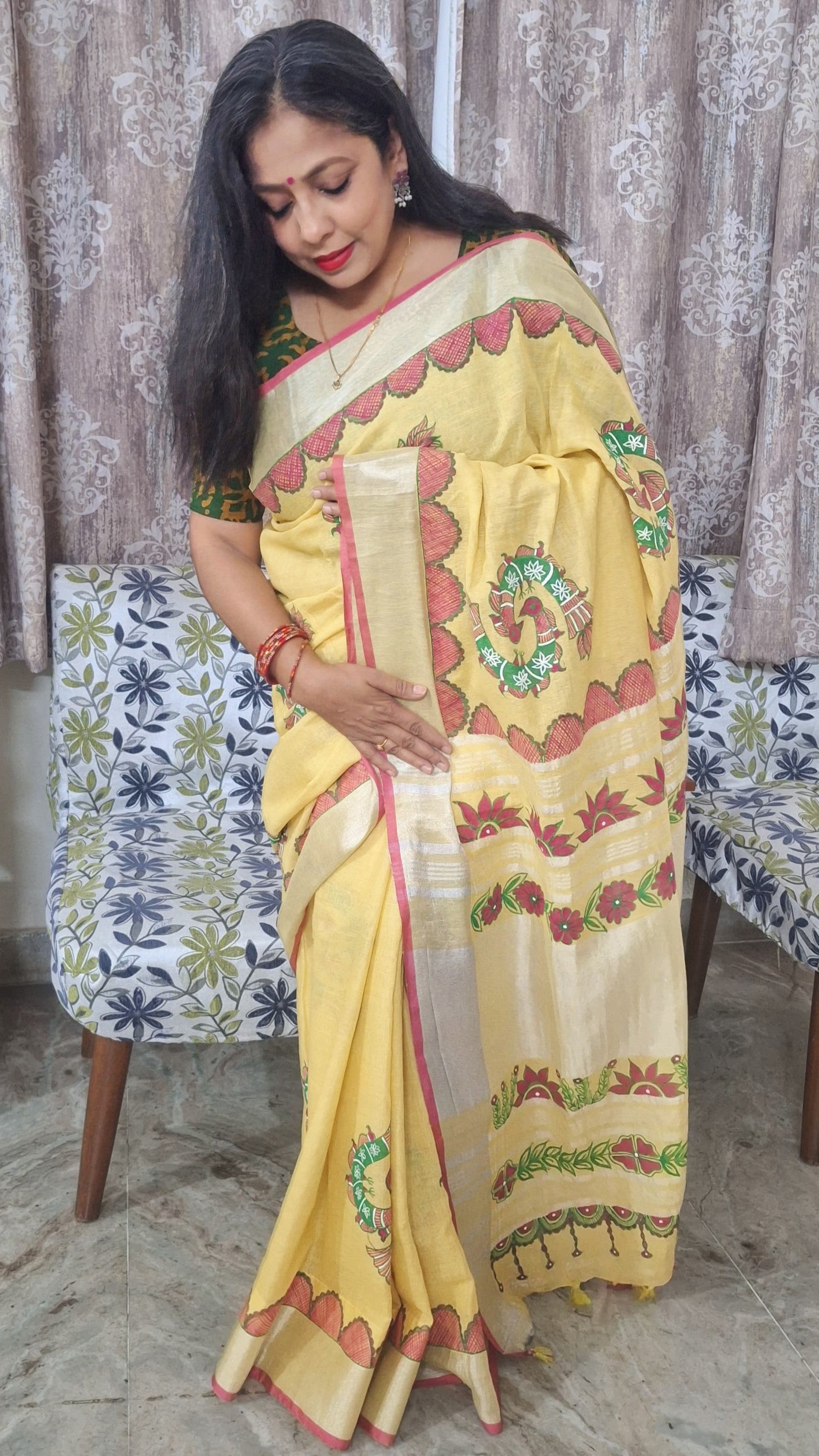 Lifestyle indoor shot of Madhubani linen saree