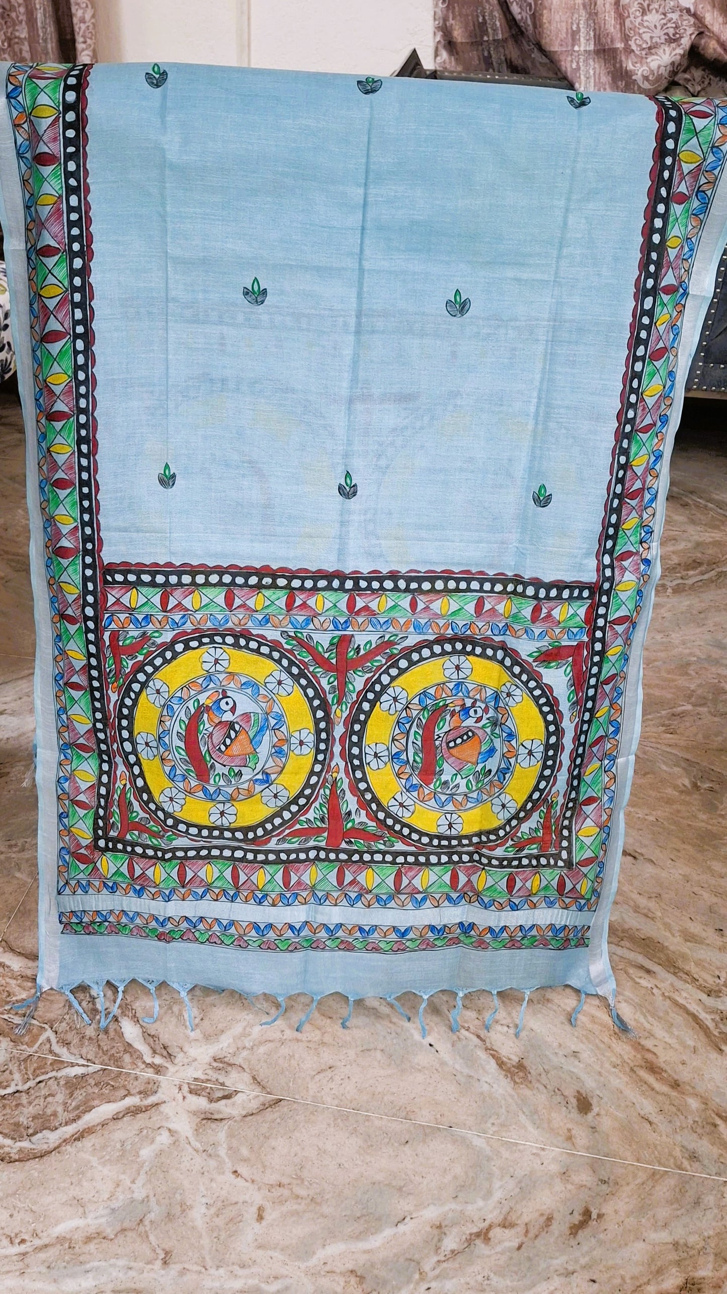 Light Blue 3Pc Suit set Dupatta hand painted madhubani paint