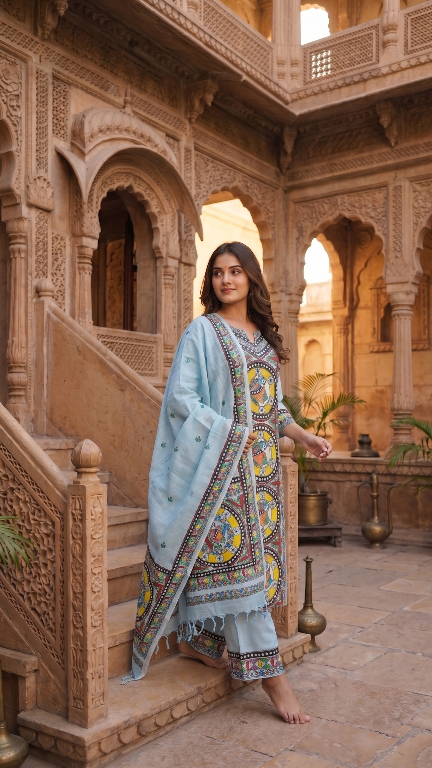 Light Blue 3Pc Suit set hand painted madhubani paint