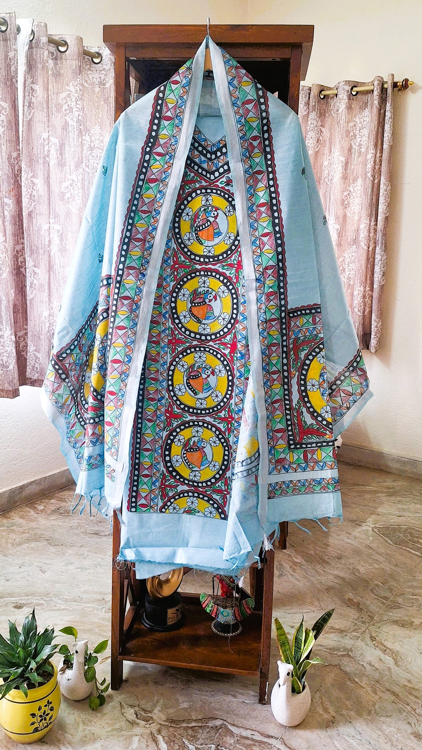 Light Powder Blue · Hand-Painted Madhubani Cotton Suit Set