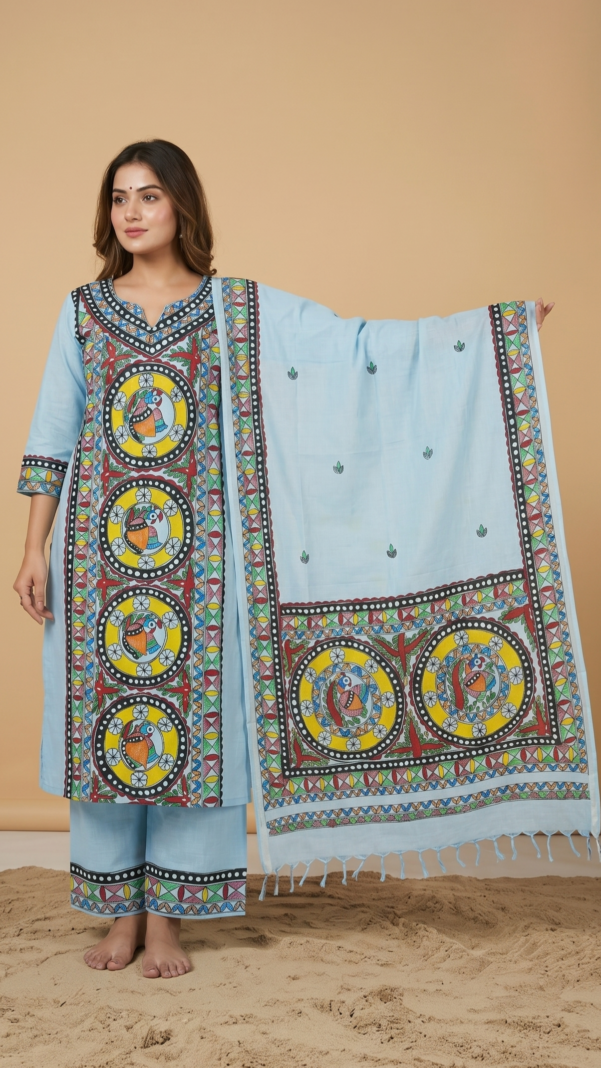 Light Blue Suit set hand painted madhubani paint