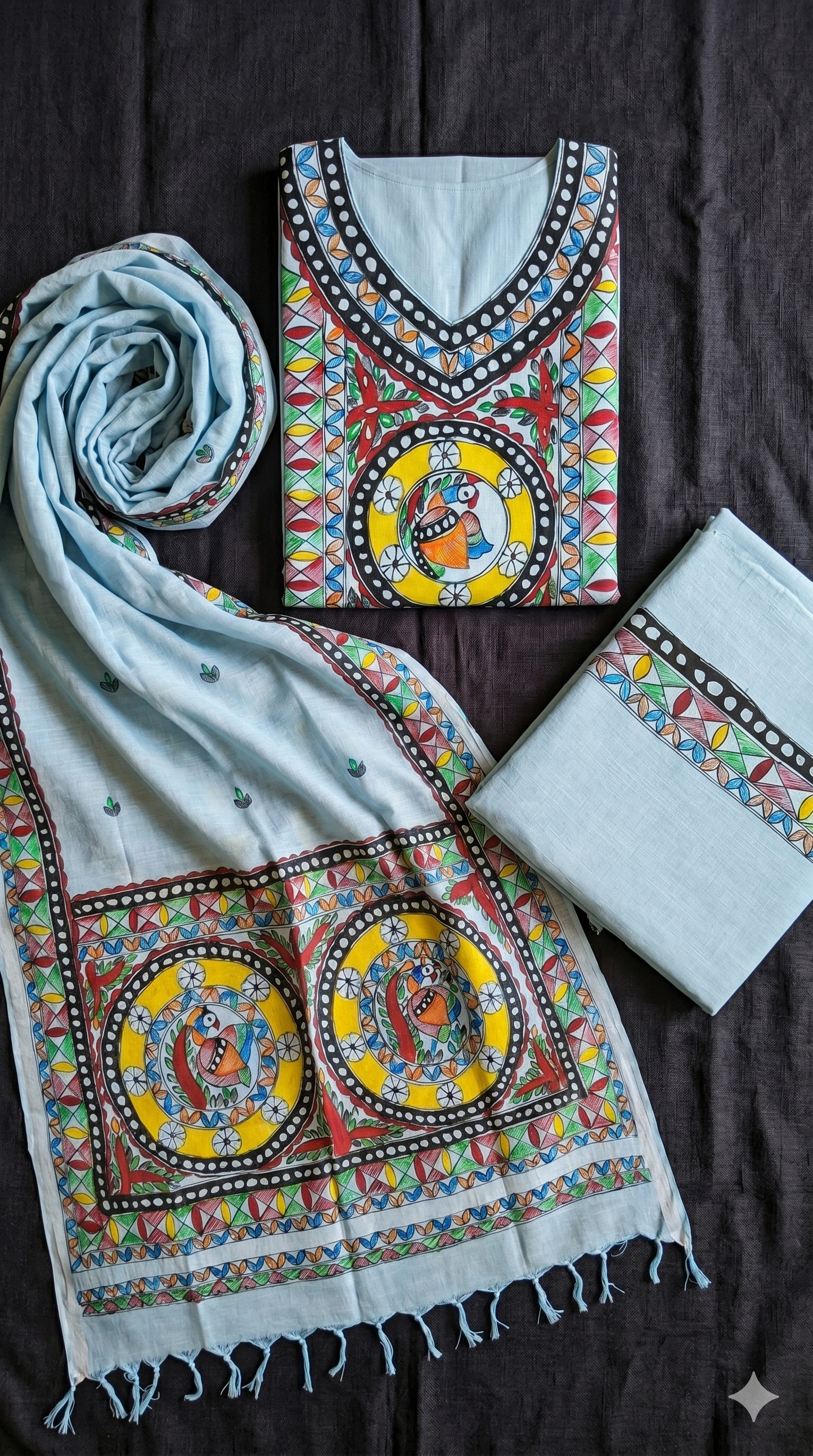 Light Blue Suit set hand painted madhubani painting