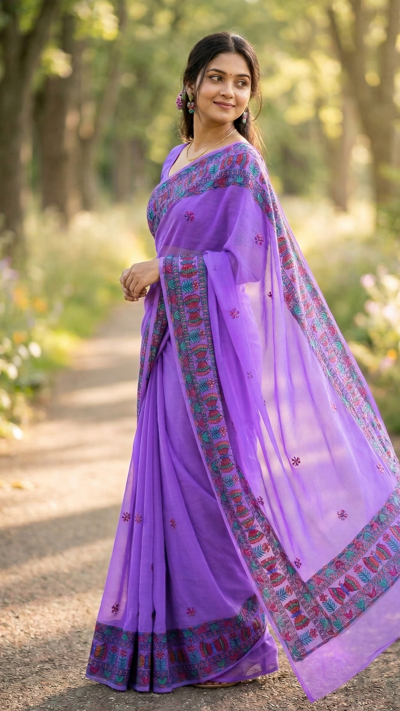 Woman wearing a purple georgette saree with a floral madhubani hand painting in a garden setting