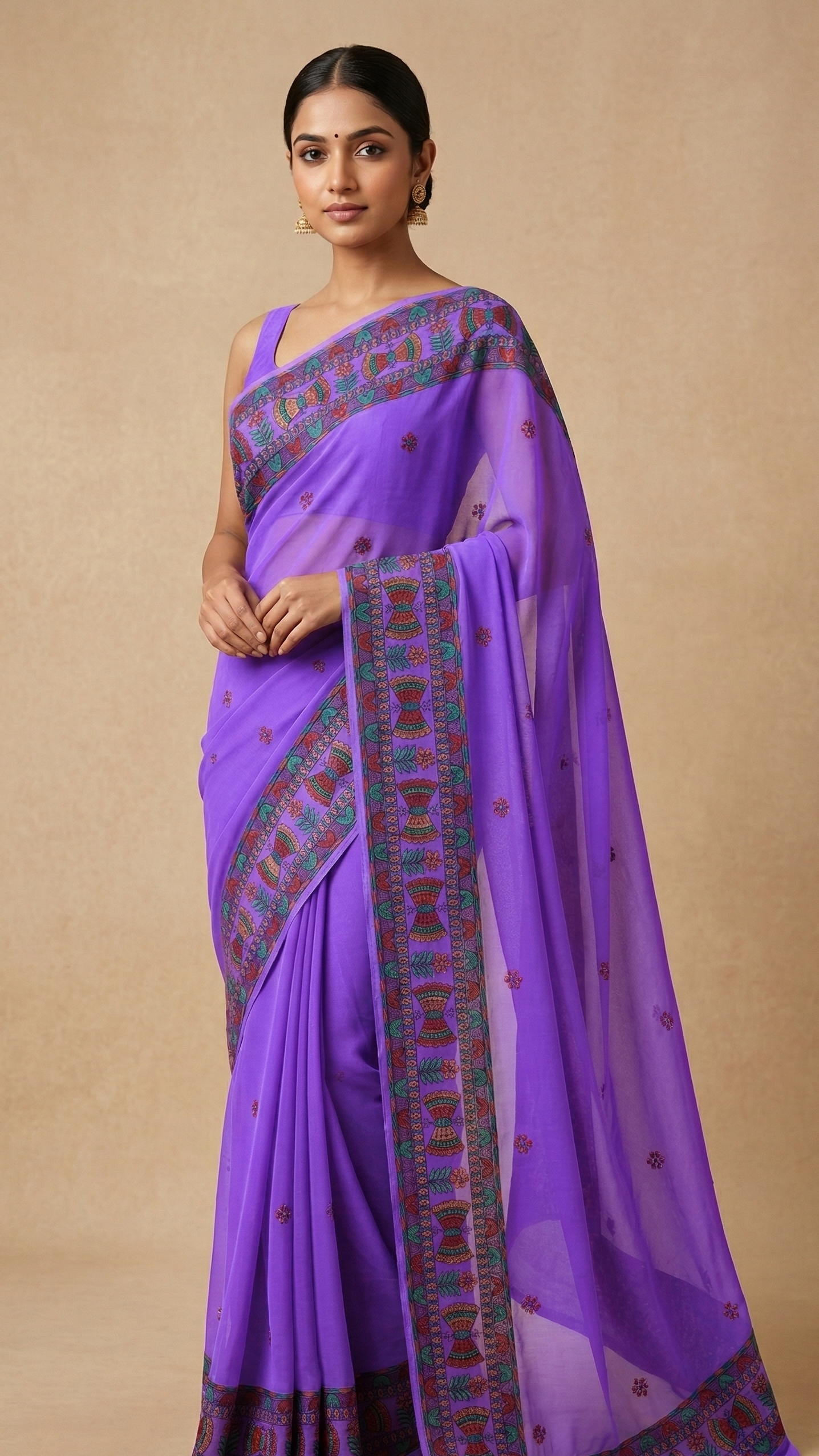 Light Electric Violet Georgette madhubani hand painted Saree