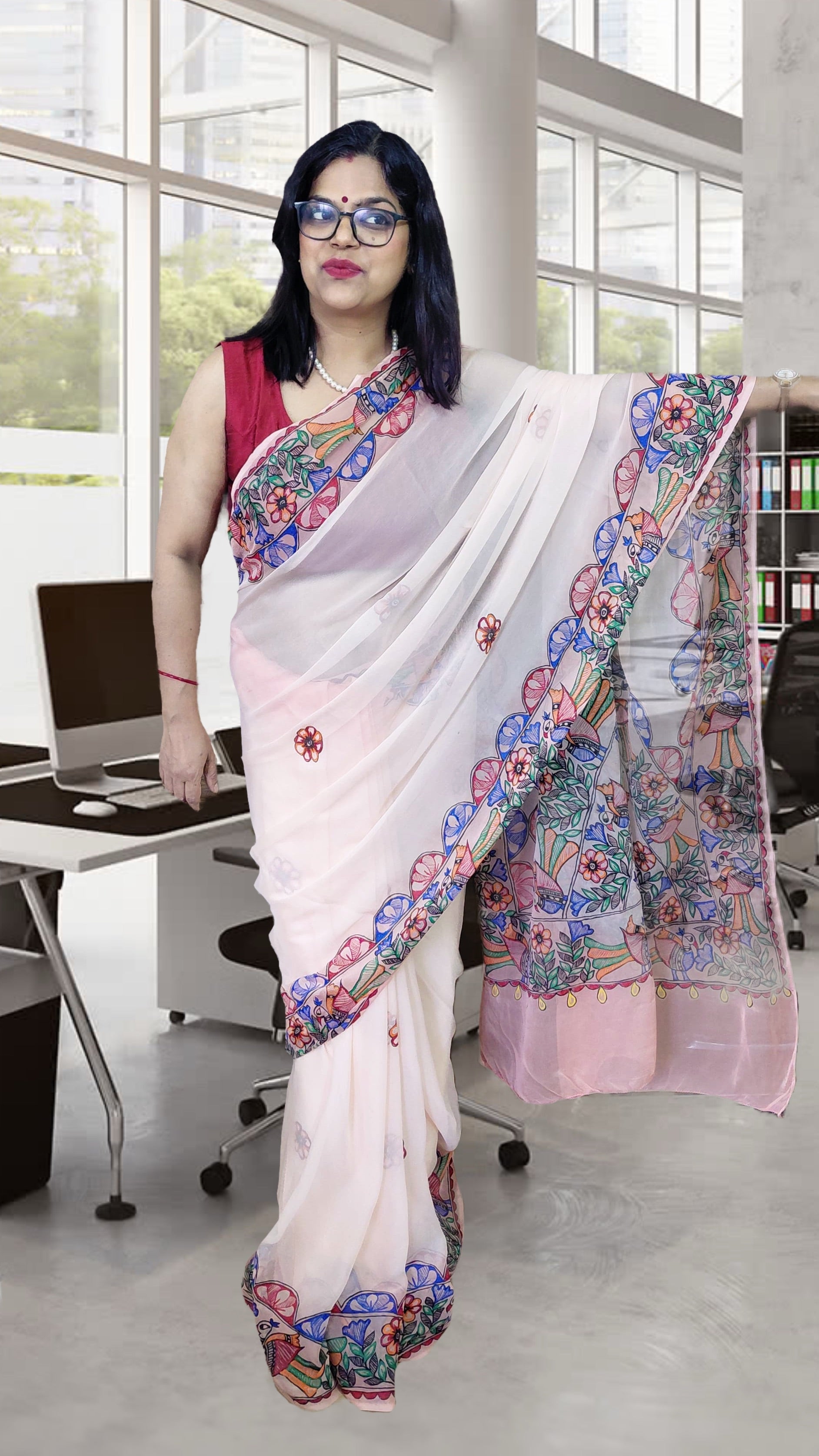 Lightweight Pure Chiffon Madhubani saree with authentic Mithila artwork