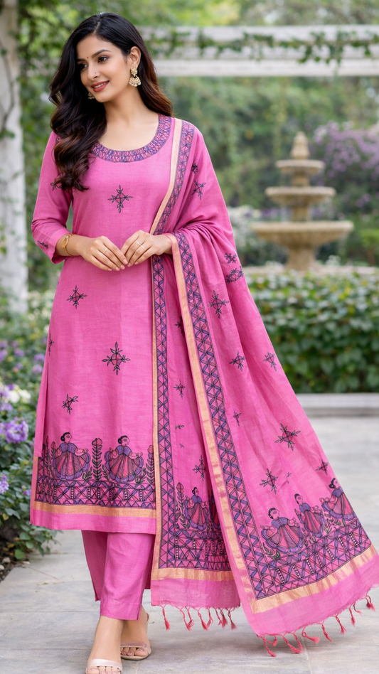 pink madhubani hand painted katan cotton suit set