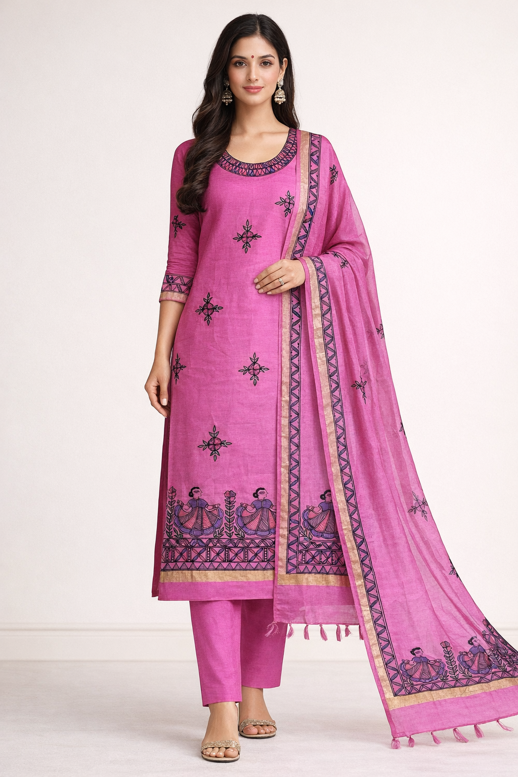 hand painted madhubani suit women motif border
