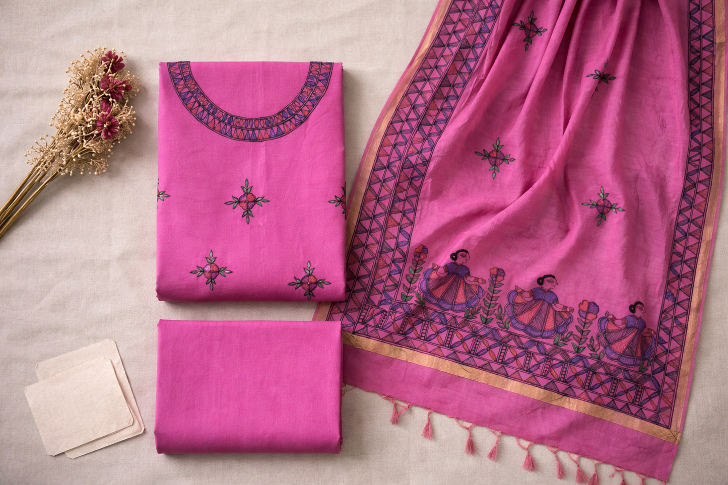 katan cotton madhubani kurta floral motifs pink