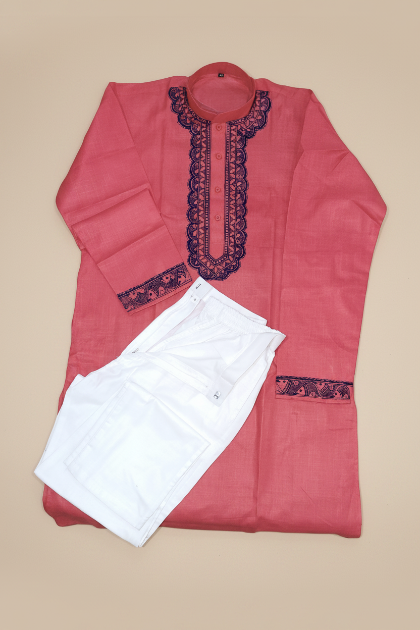Coral pink Madhubani hand painted men's kurta set