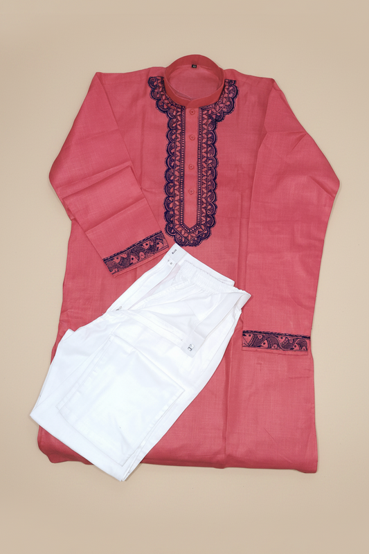 Coral pink Madhubani hand painted men's kurta set