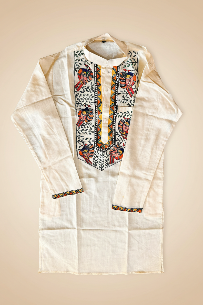 Hand-Painted Madhubani Kurta Payjama Set for Men – Cream | Minimal Art | Pure Elegance