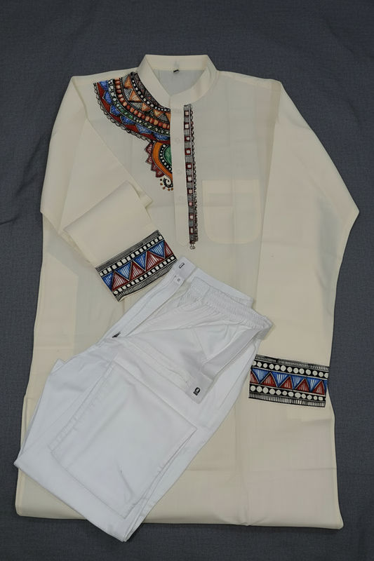 Men's madhubani hand painted cream Kurta payjama set