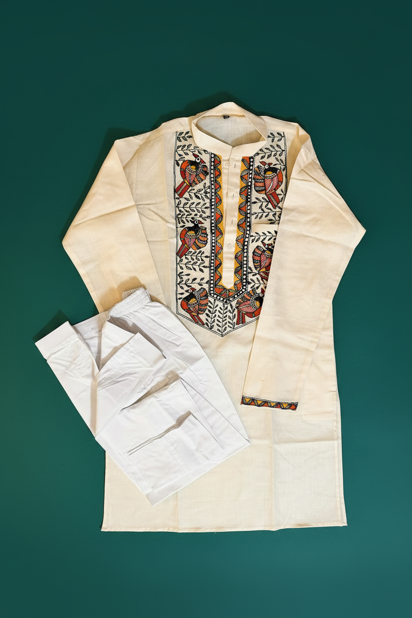 Hand-Painted Madhubani Kurta Payjama Set for Men – Cream | Minimal Art | Pure Elegance