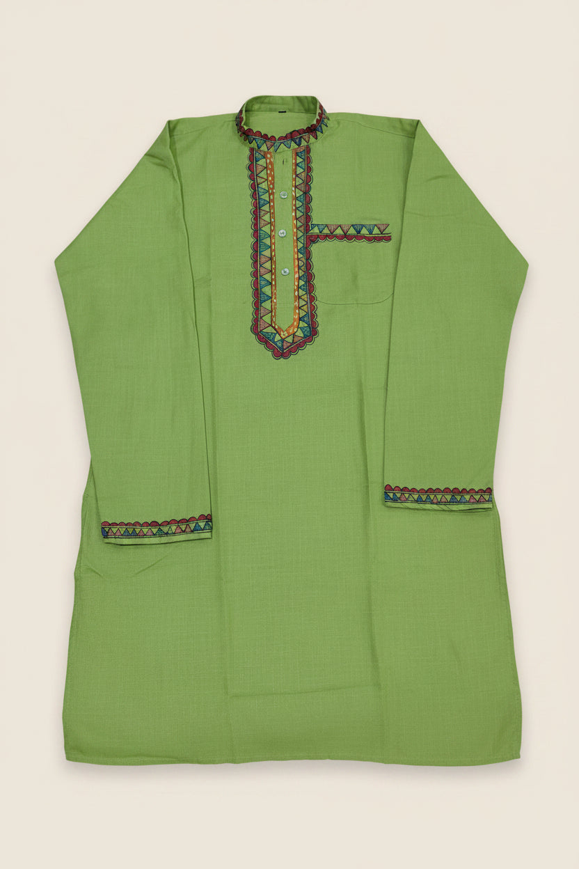 green colour Madhubani hand painted men's kurta