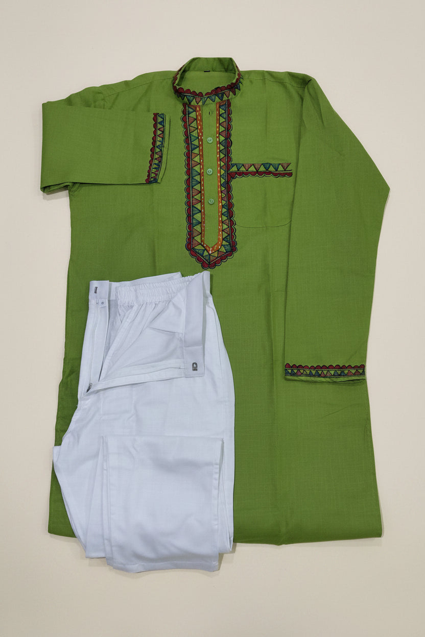 Green colour Madhubani men's kurta payjama set