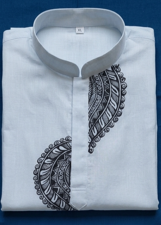 Hand-Painted Madhubani Art Men's Short Kurta • White • Linen-Cotton