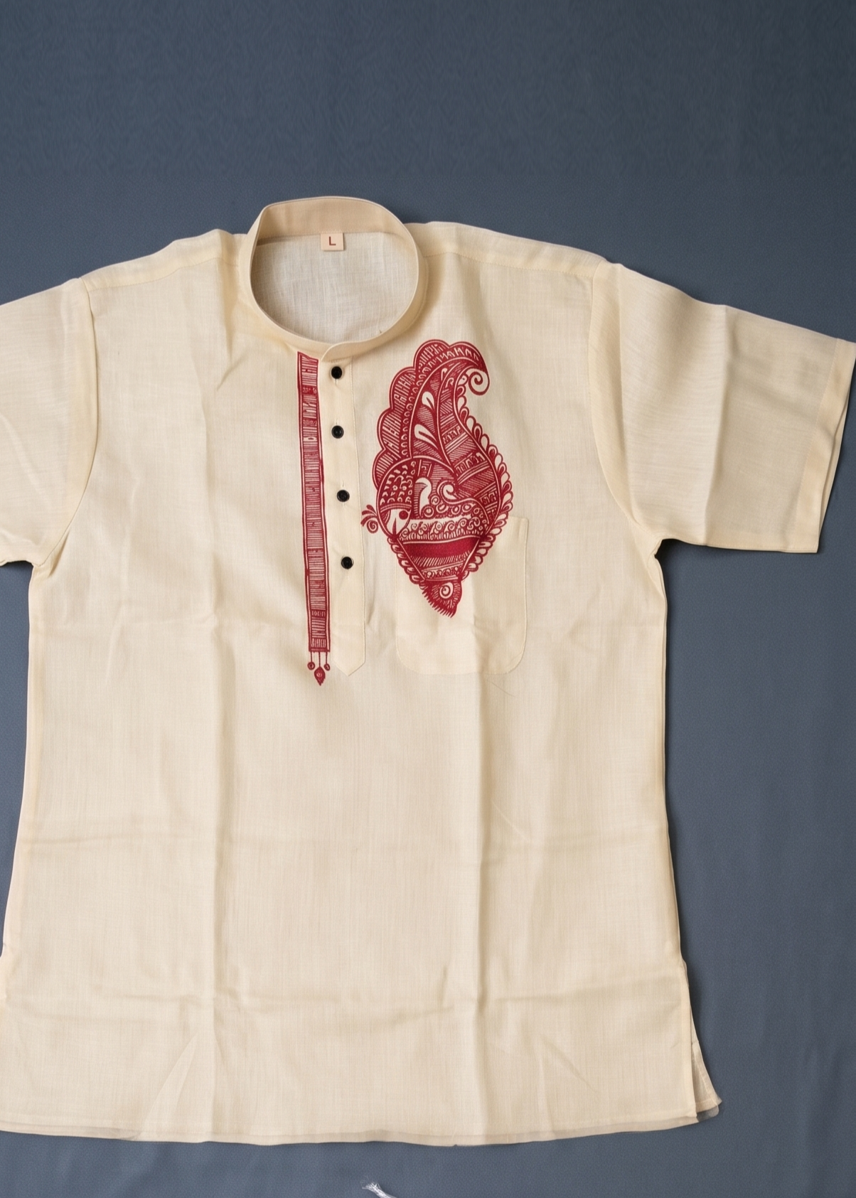 Hand-Painted Madhubani Art Men's Short Kurta • Cream • Linen-Cotton