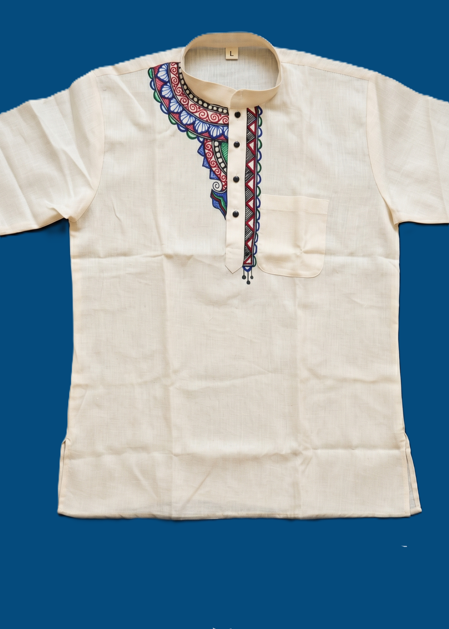Hand-Painted Madhubani Art Men's Short Kurta • Cream • Linen-Cotton