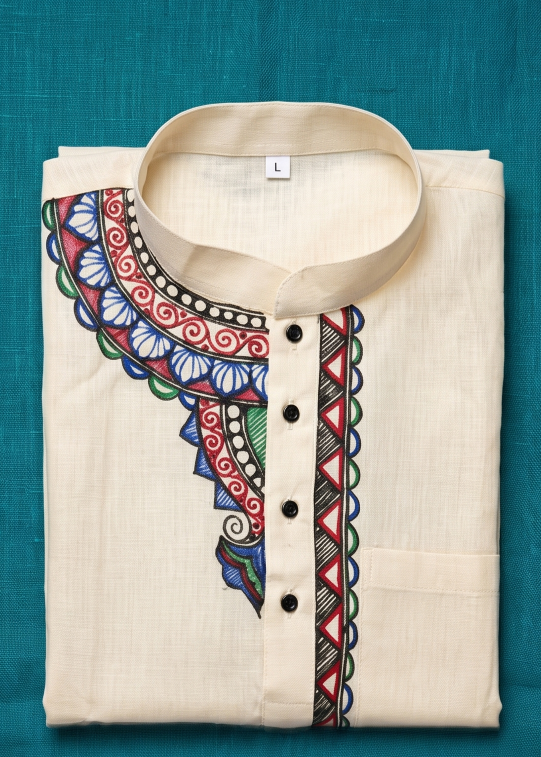 Hand-Painted Madhubani Art Men's Short Kurta • Cream • Linen-Cotton