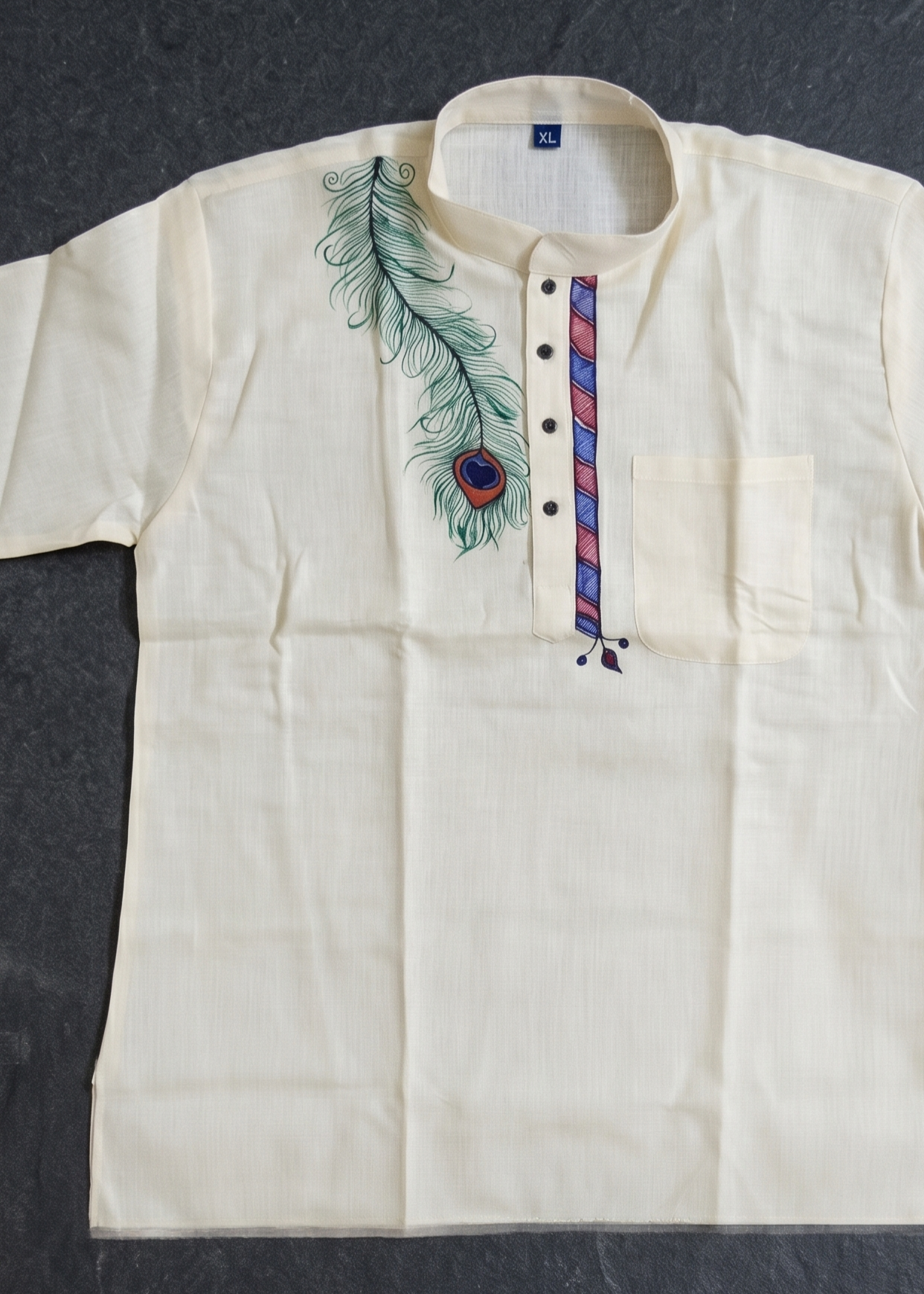 Hand-Painted Madhubani Art Men's Short Kurta • Cream • Linen-Cotton