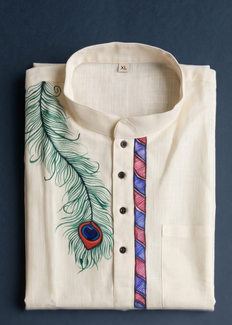 Hand-Painted Madhubani Art Men's Short Kurta • Cream • Linen-Cotton