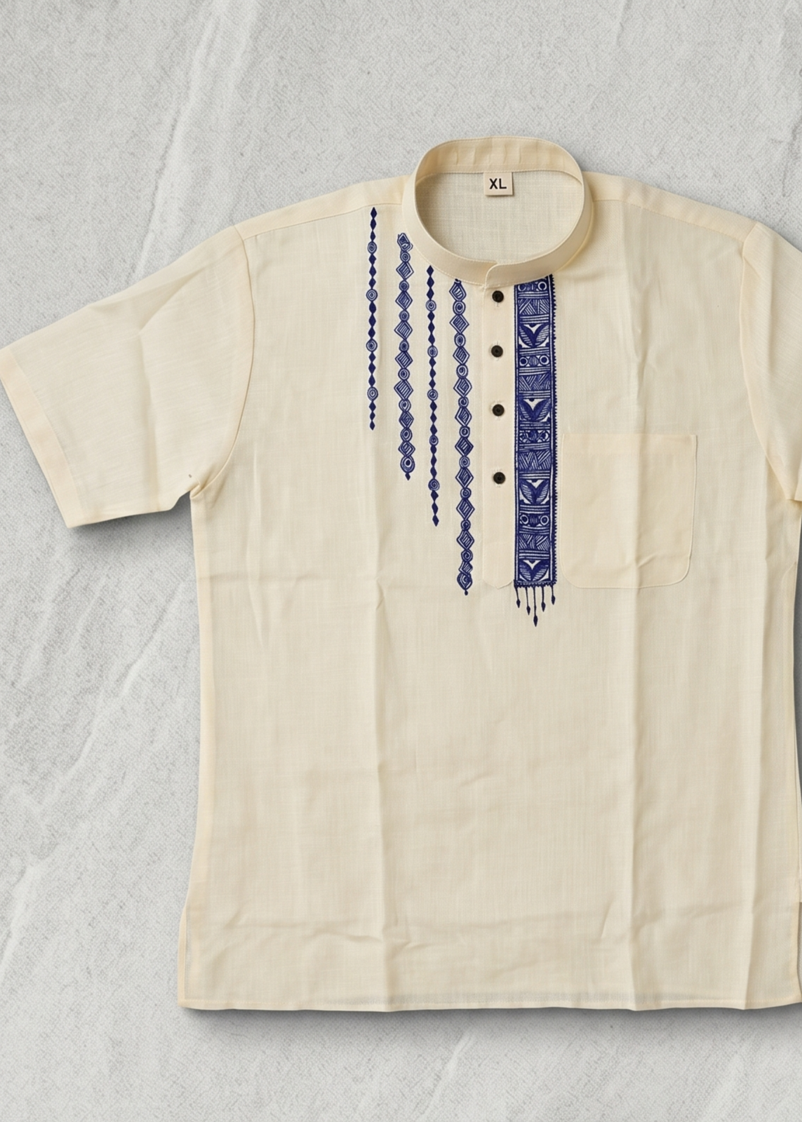 Hand-Painted Madhubani Art Men's Short Kurta • Cream • Linen-Cotton