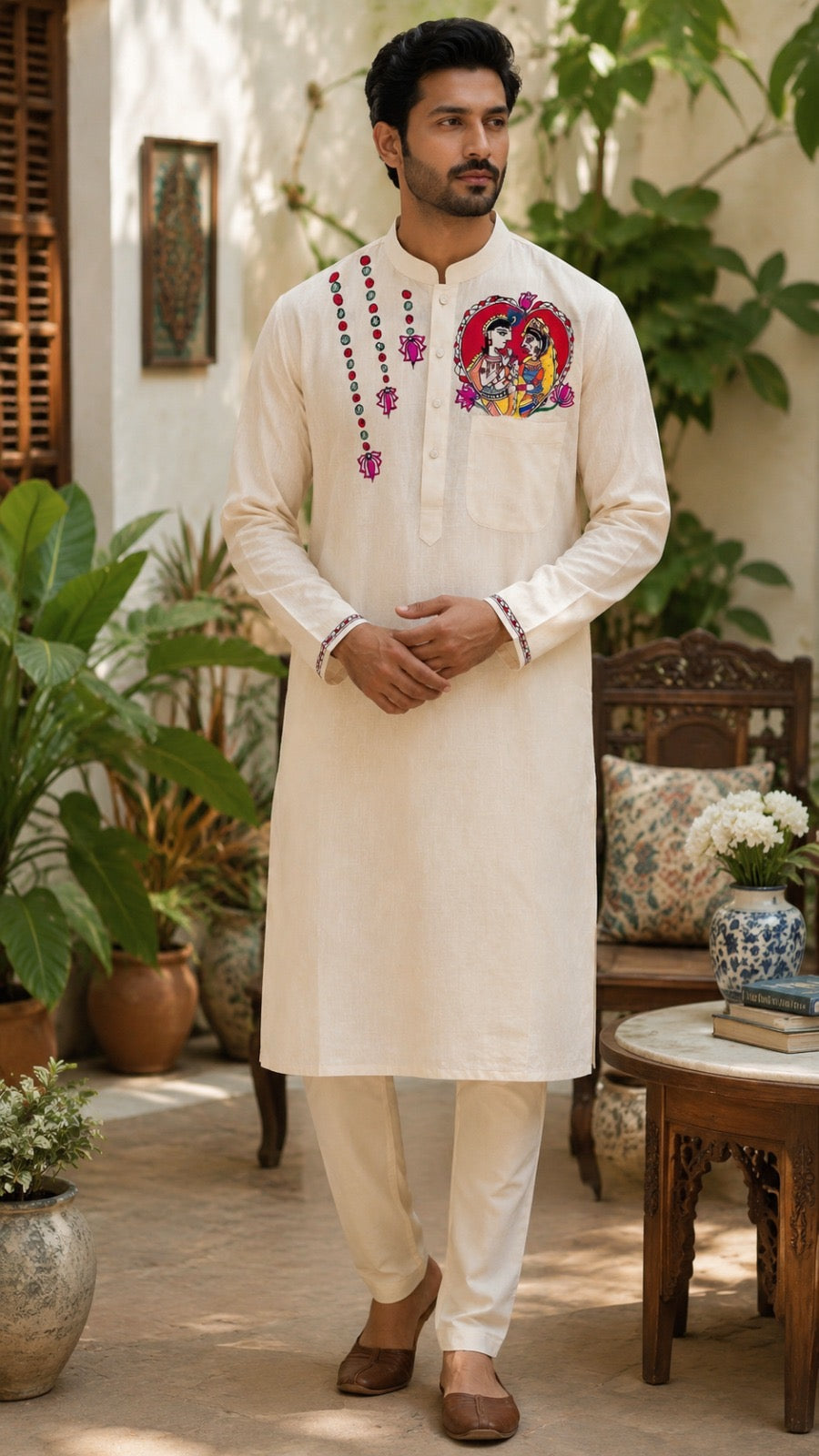Cream Premium Linen-Cotton Hand-Painted Radha Krishna Madhubani Kurta Pyjama Set