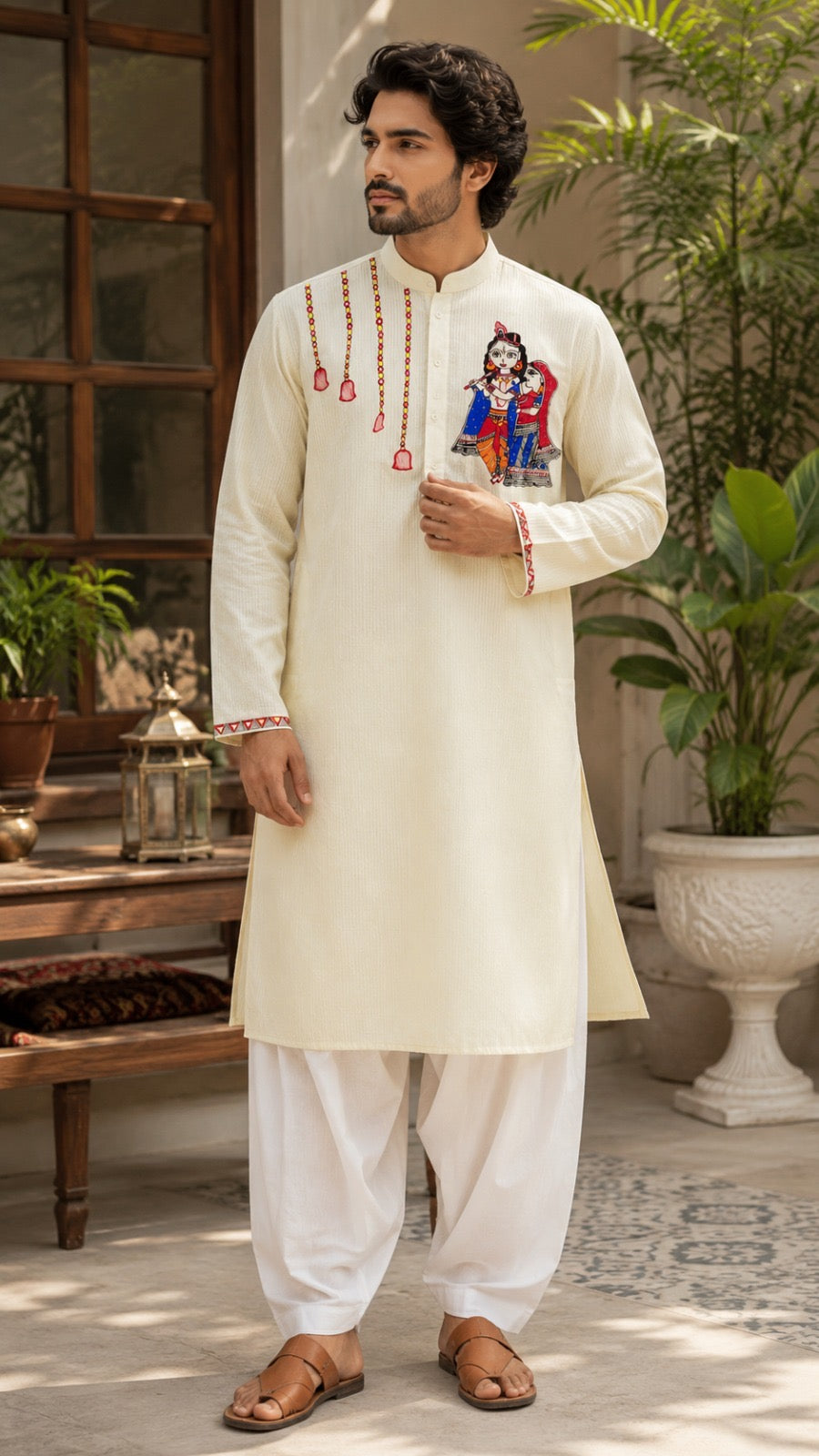 Cream Premium Linen-Cotton Hand-Painted Radha Krishna Madhubani Kurta Pyjama Set