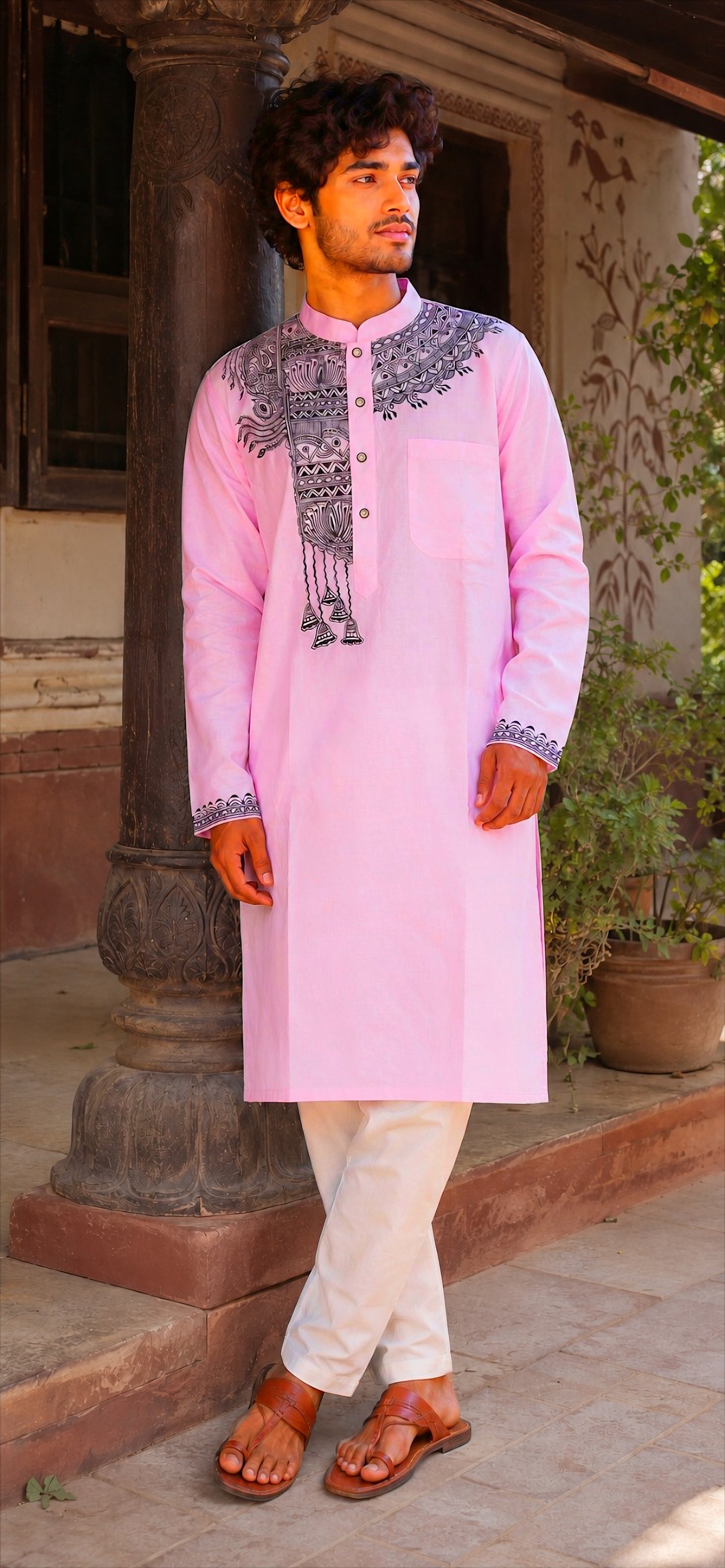 Blush Pink Premium Linen-Cotton Hand-Painted Madhubani Kurta Pyjama Set