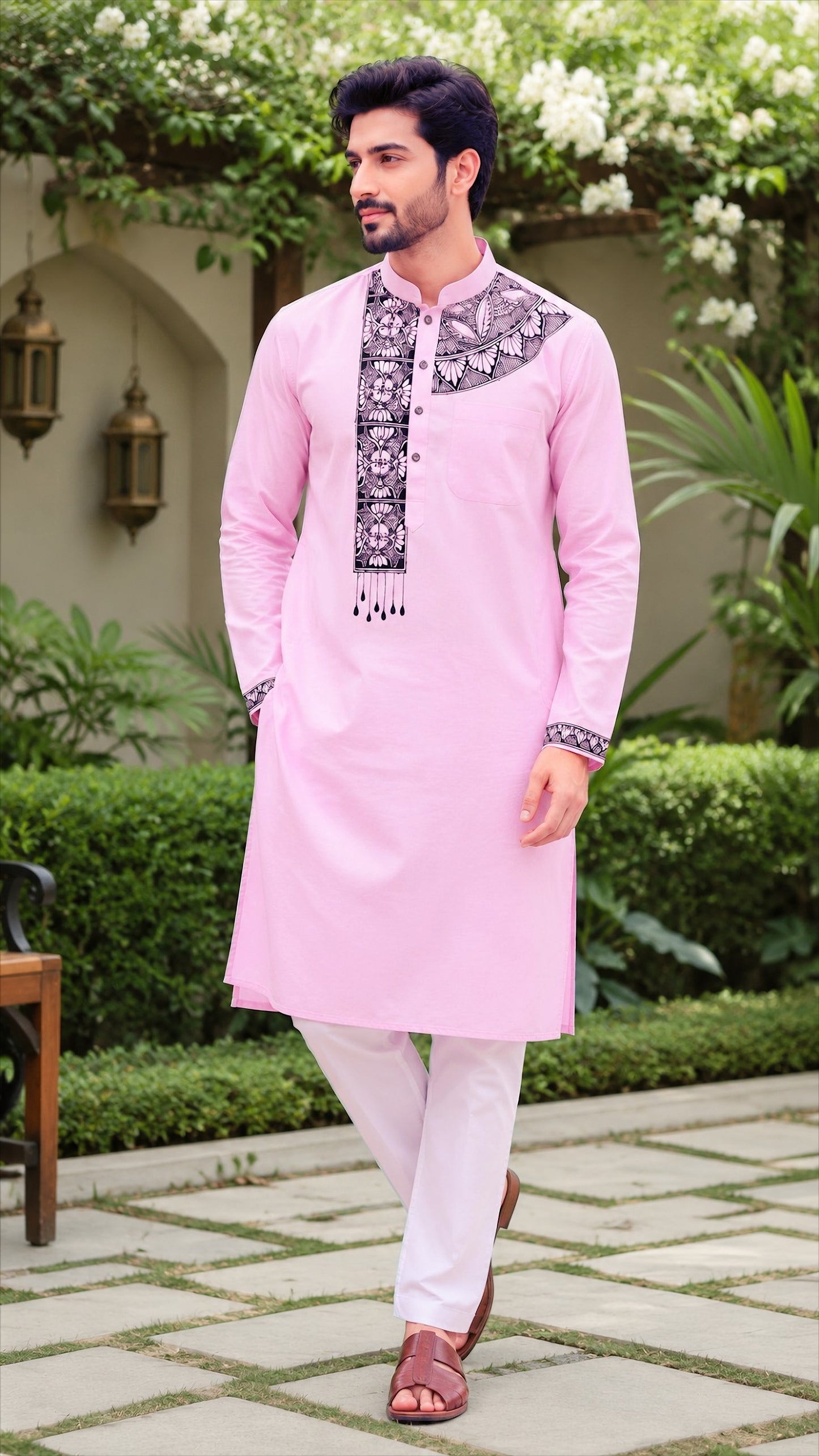 Blush Pink Premium Linen-Cotton Hand-Painted Madhubani Kurta Pyjama Set