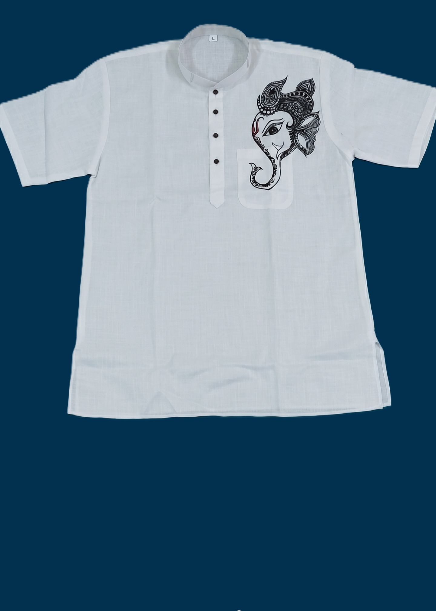Hand-Painted Madhubani Art Men's Short Kurta • White • Linen-Cotton