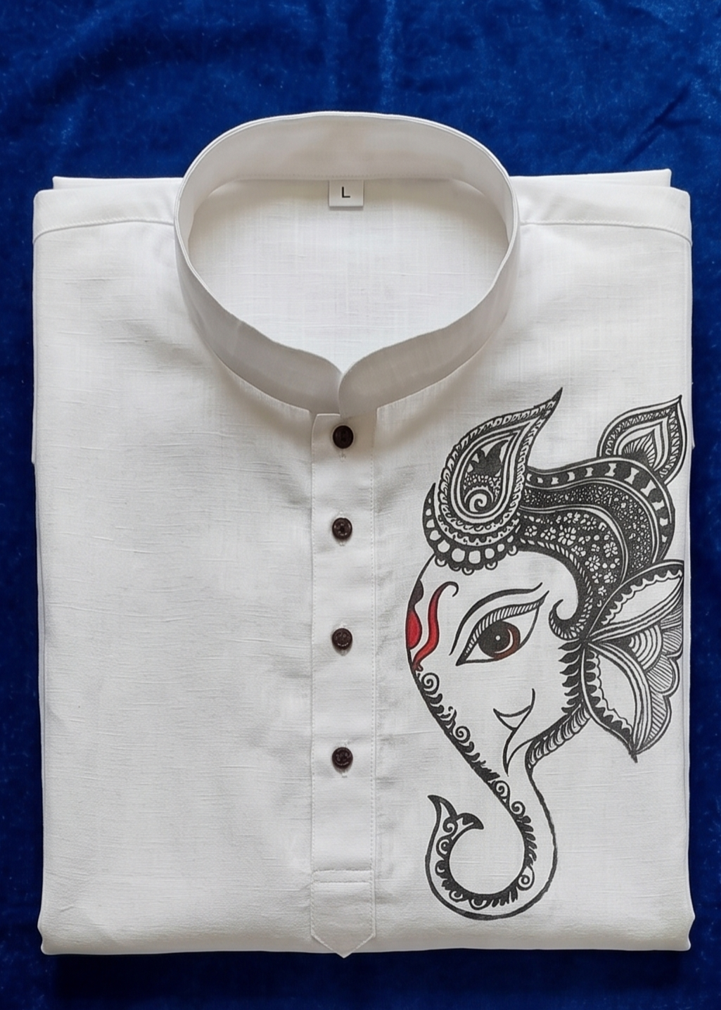 Hand-Painted Madhubani Art Men's Short Kurta • White • Linen-Cotton