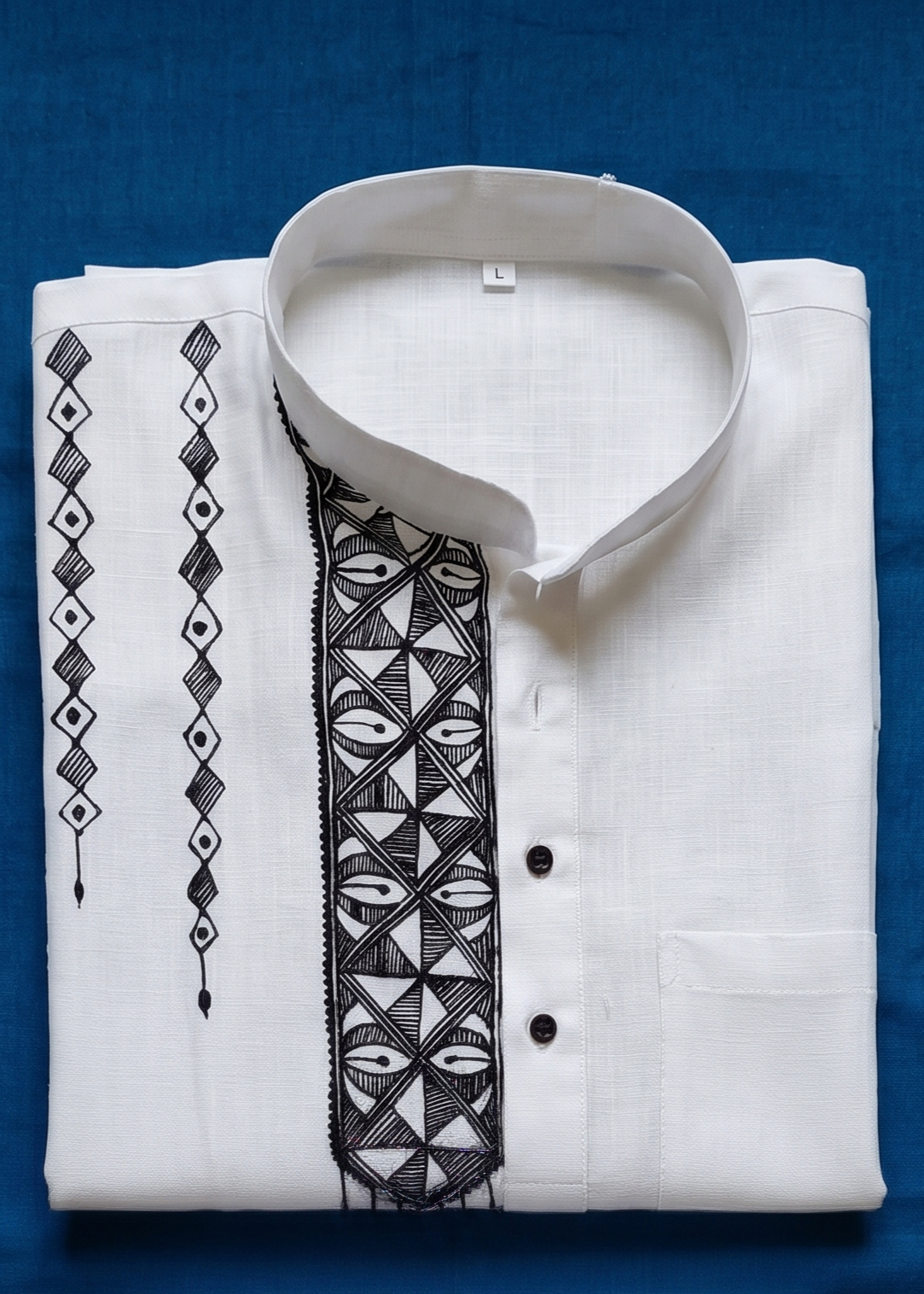 Hand-Painted Madhubani Art Men's Short Kurta • White • Linen-Cotton