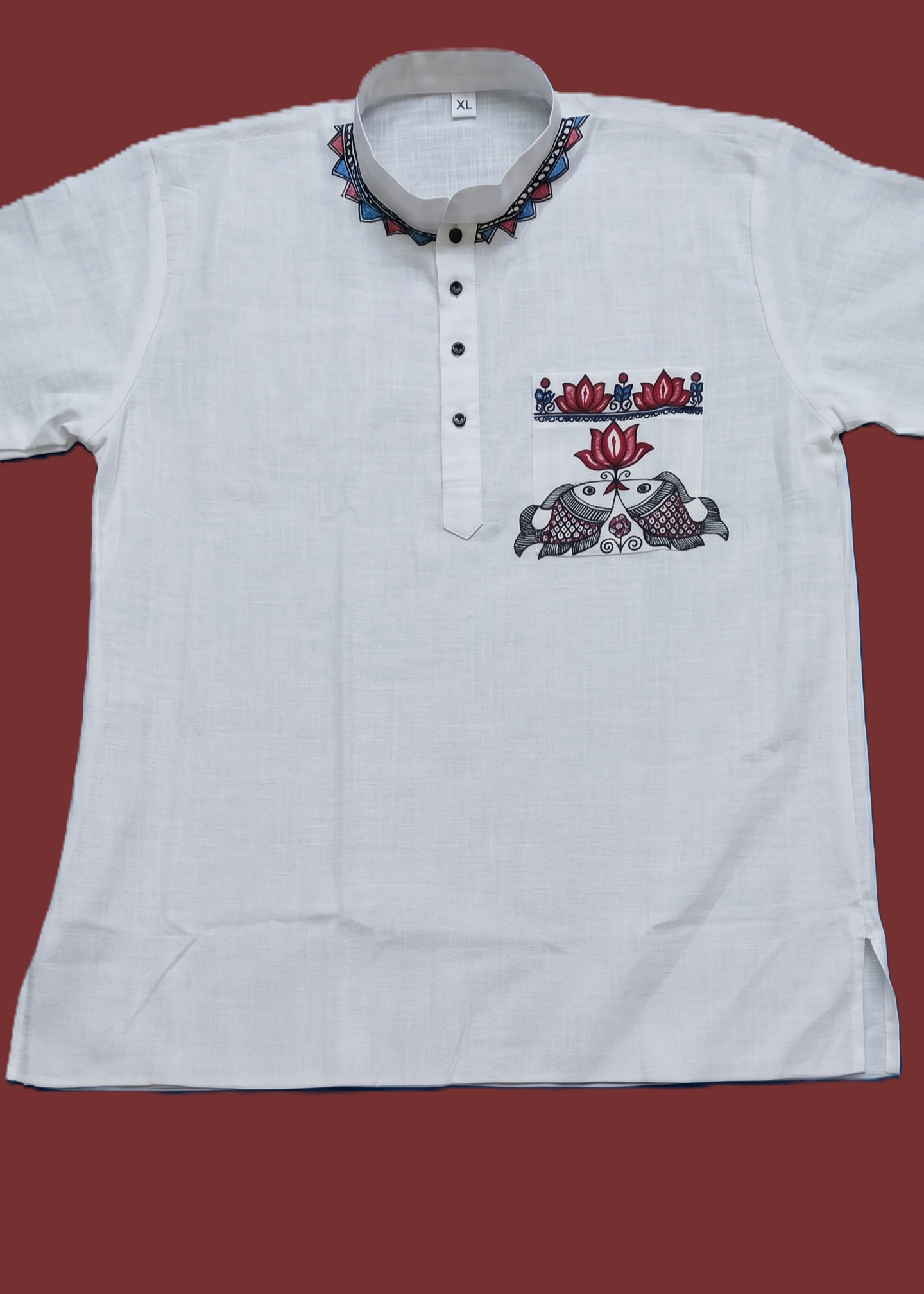 Hand-Painted Madhubani Art Men's Short Kurta • White • Linen-Cotton