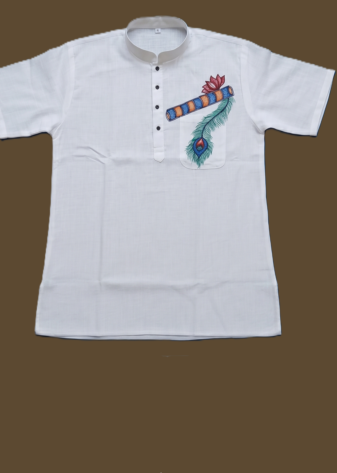 Hand-Painted Madhubani Art Men's Short Kurta • White • Linen-Cotton