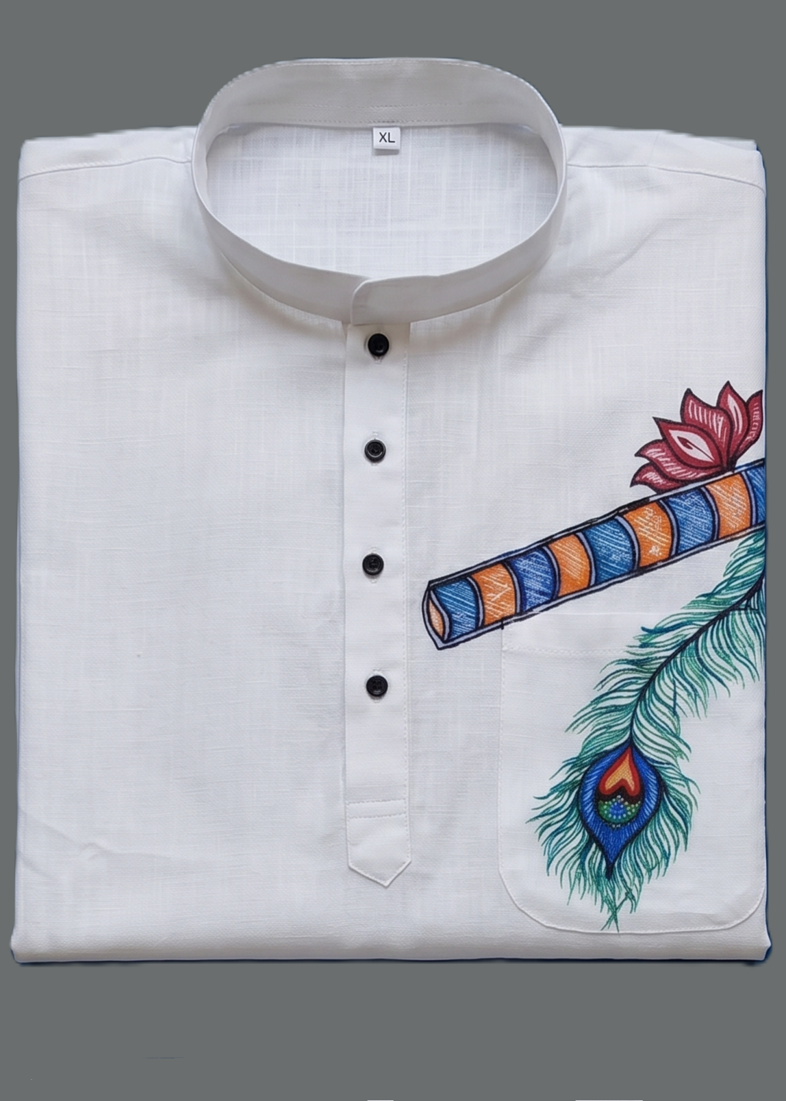 Hand-Painted Madhubani Art Men's Short Kurta • White • Linen-Cotton