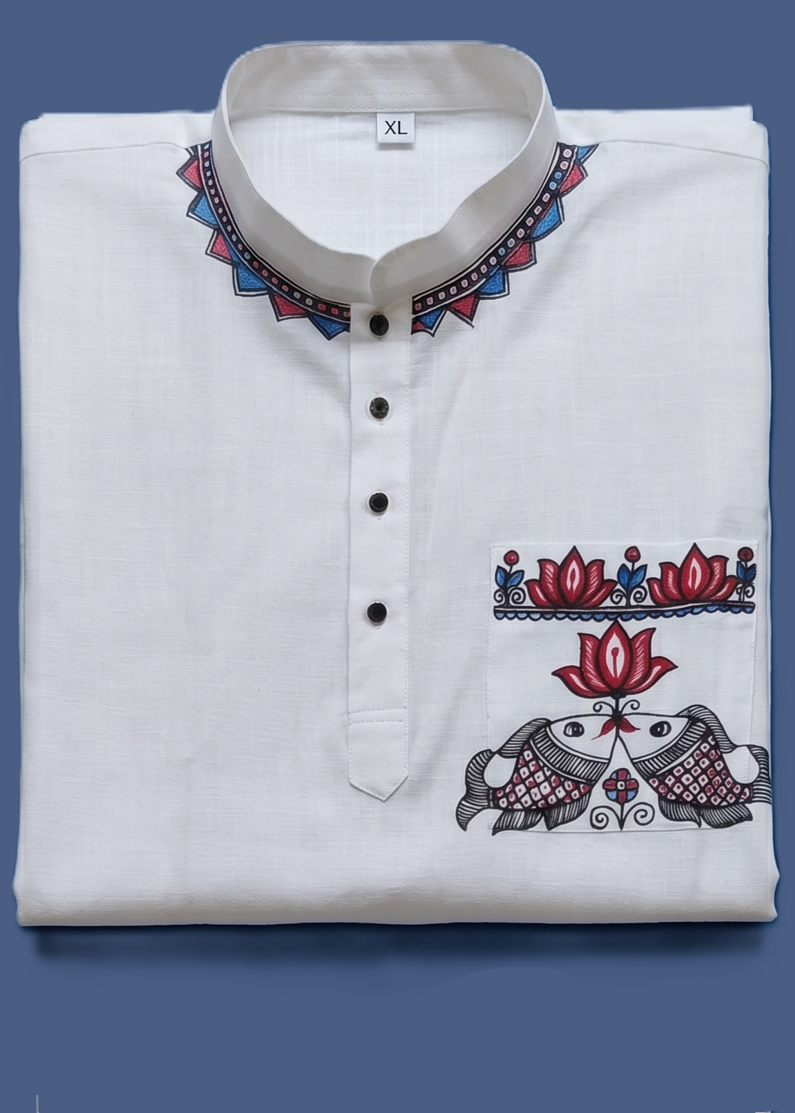 Hand-Painted Madhubani Art Men's Short Kurta • White • Linen-Cotton