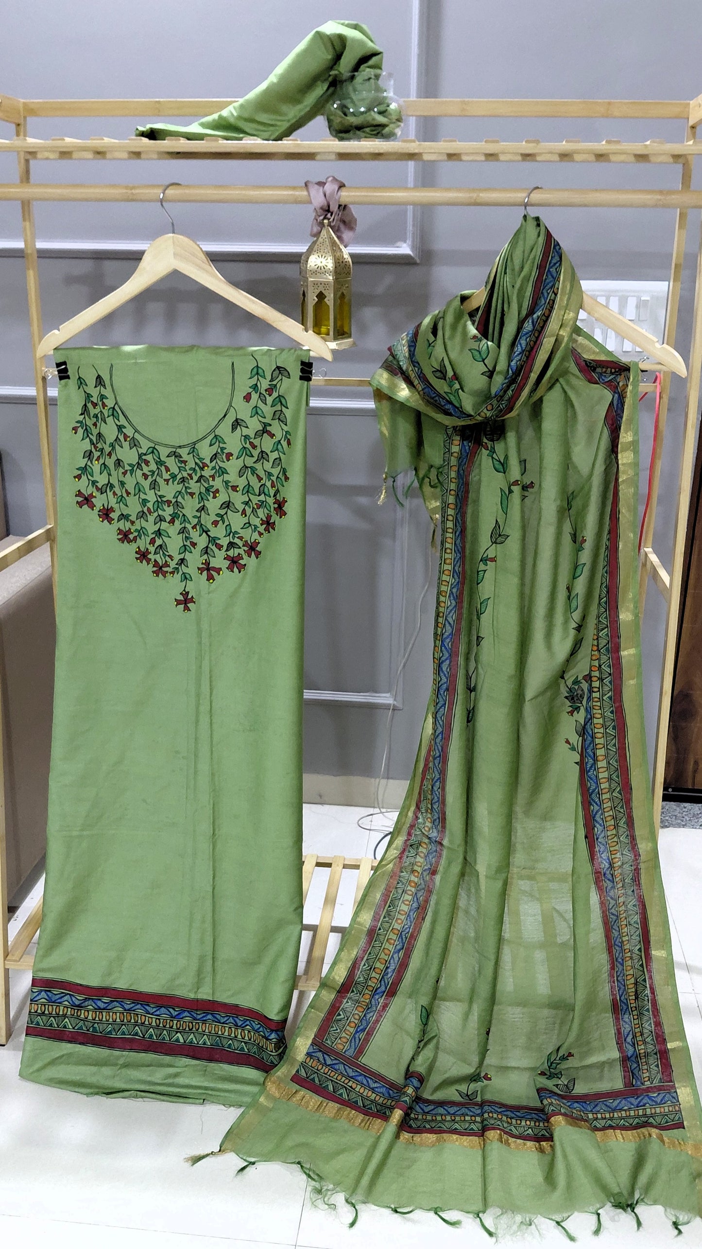 Mint Green Katan Cotton Suit Set – Hand-Painted Madhubani Floral Vines | Unstitched 3 Pc