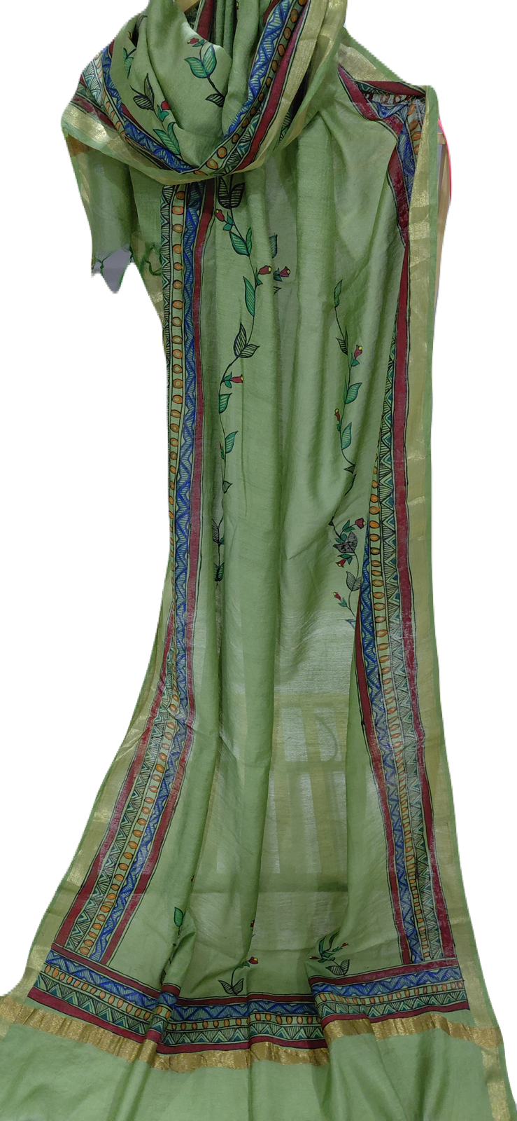 Mint Green Katan Cotton Suit Set – Hand-Painted Madhubani Floral Vines | Unstitched 3 Pc