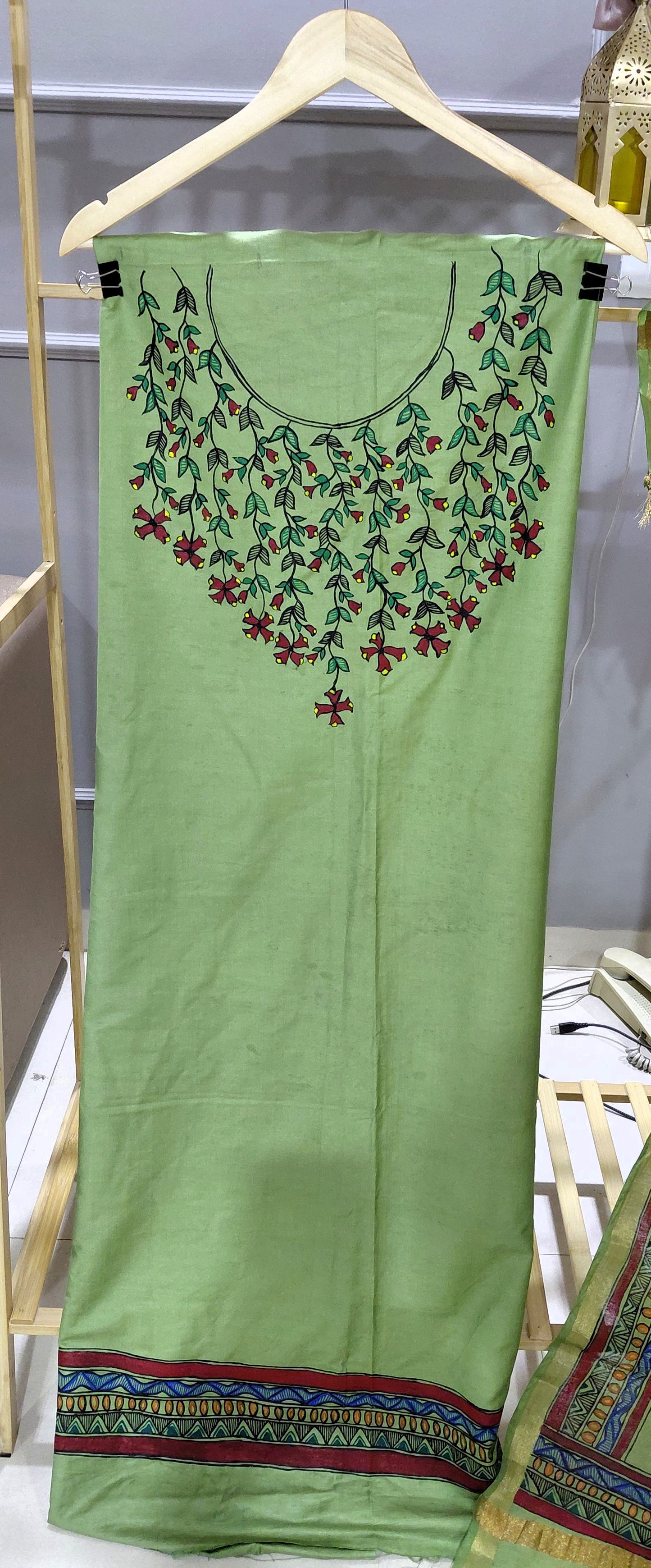 Mint Green Katan Cotton Suit Set – Hand-Painted Madhubani Floral Vines | Unstitched 3 Pc