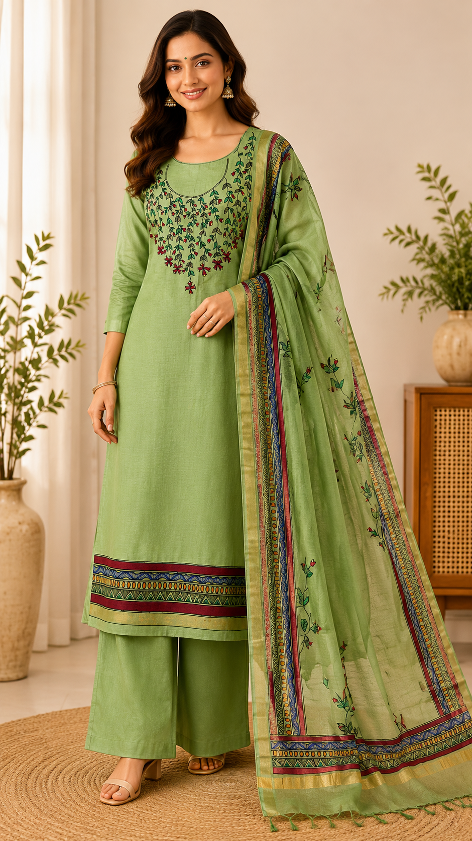 Mint Green Katan Cotton Suit Set – Hand-Painted Madhubani Floral Vines | Unstitched 3 Pc