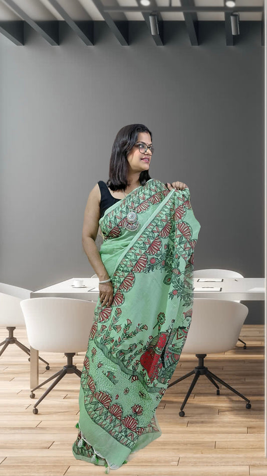 Mint Green Khadi Cotton Madhubani hand-painted Radha Krishna saree