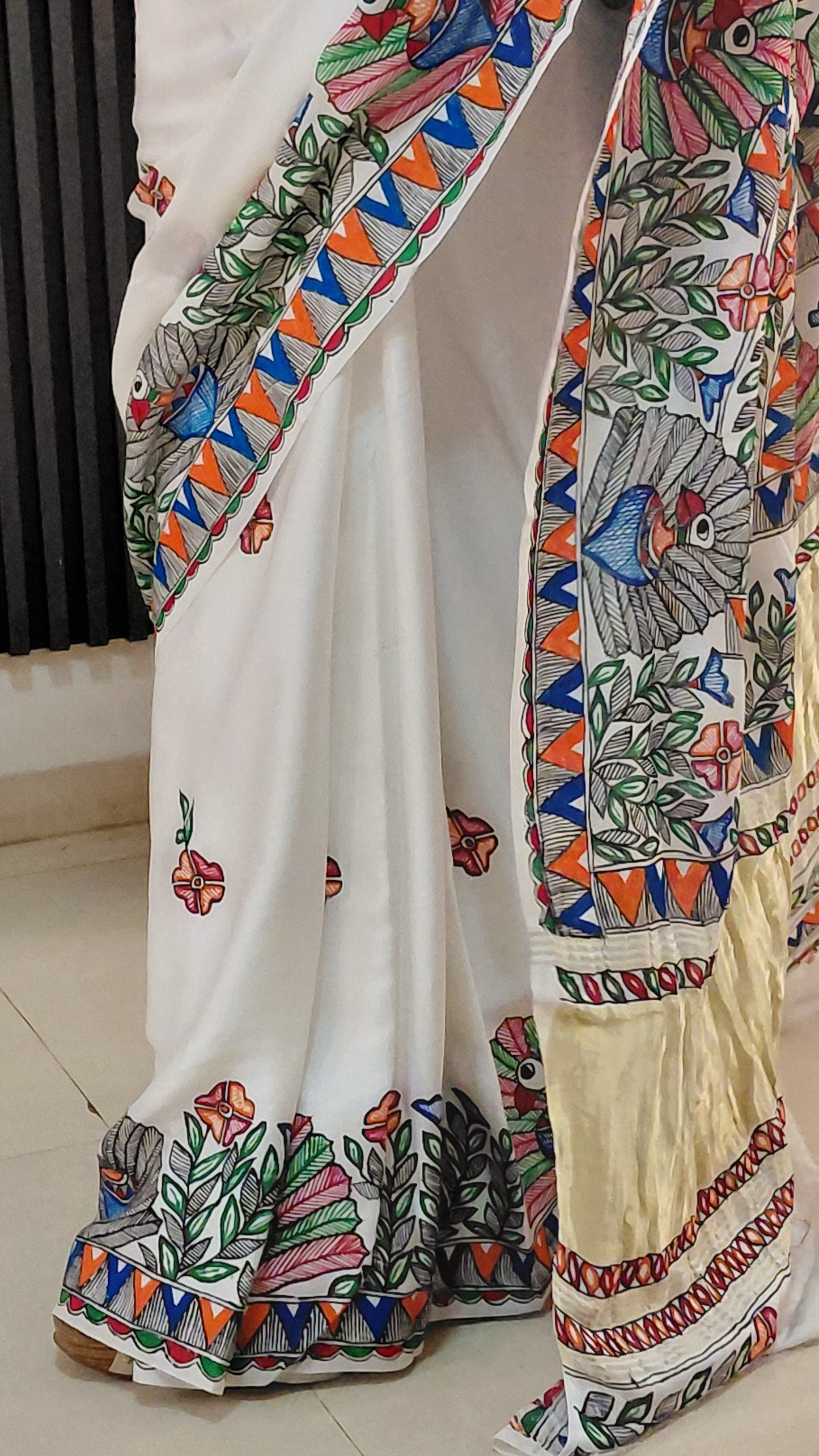 Modal silk madhubani paints saree falls design