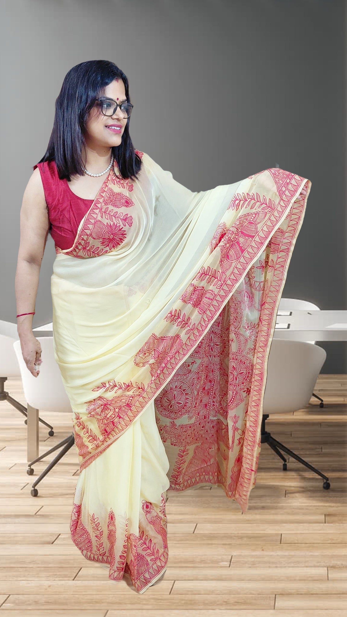 Monochrome red Madhubani hand-painted Soft Butter Yellow Pure Chiffon saree