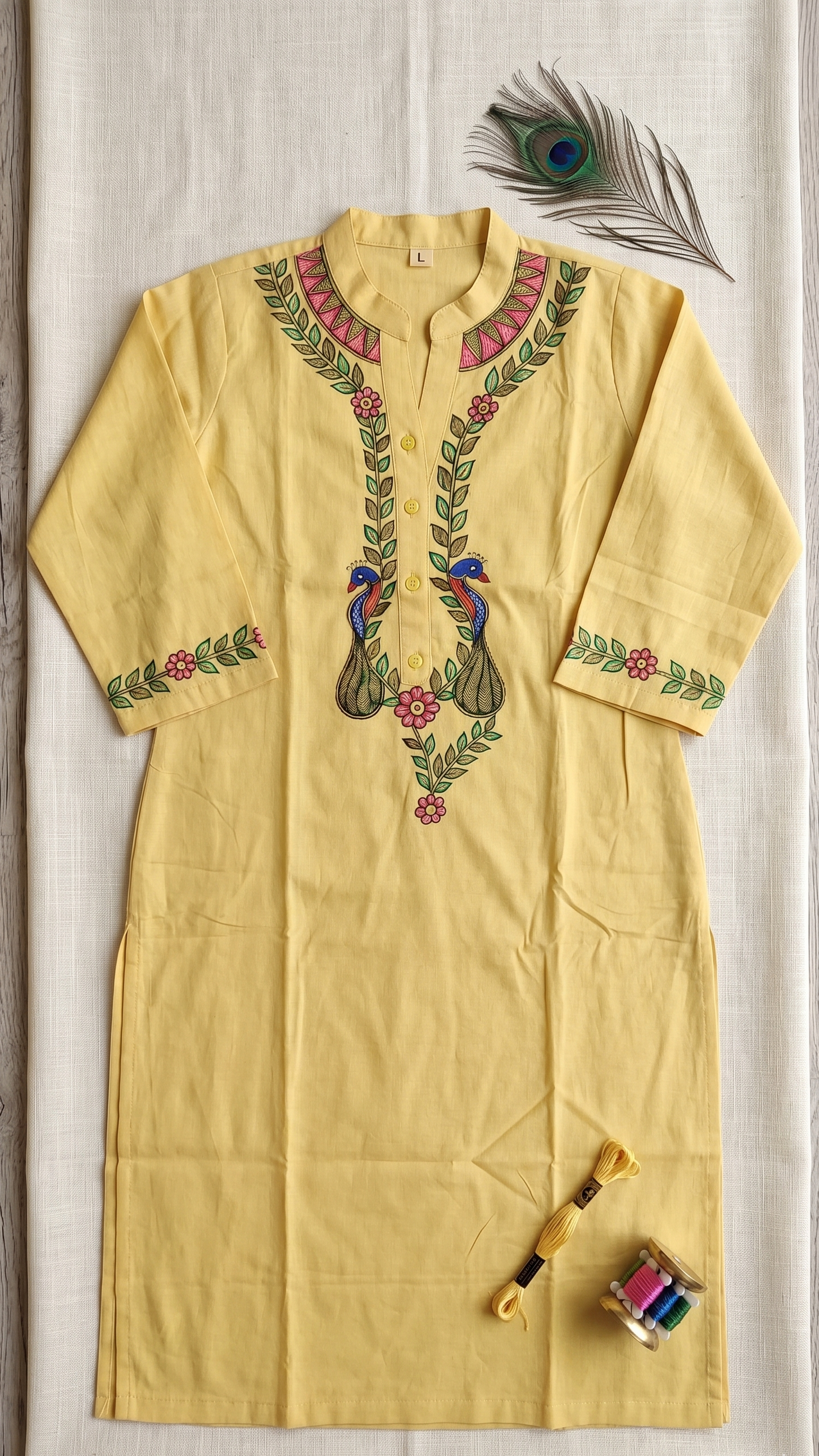 Mustard Yellow Hand-Painted Madhubani Cotton Kurta | Rangika Studio